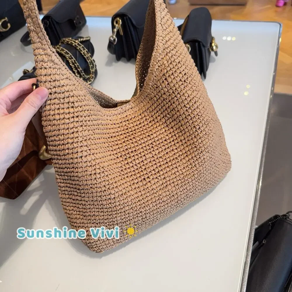 NWT COACH Brooklyn 28 Straw Shoulder Bag CDU75 Handbag Brass/Natural